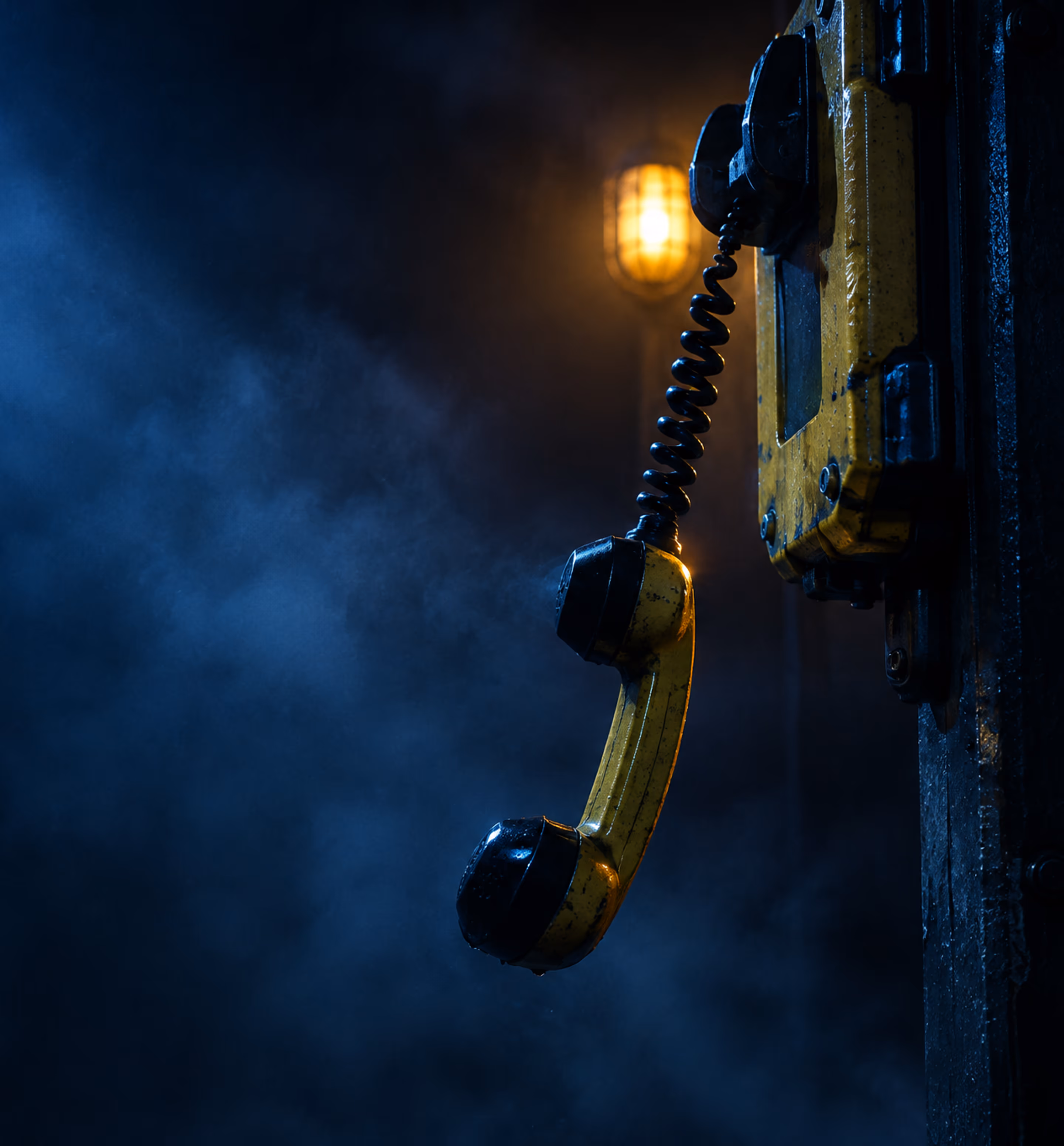Silhouette of a person with a headlamp in blue light.