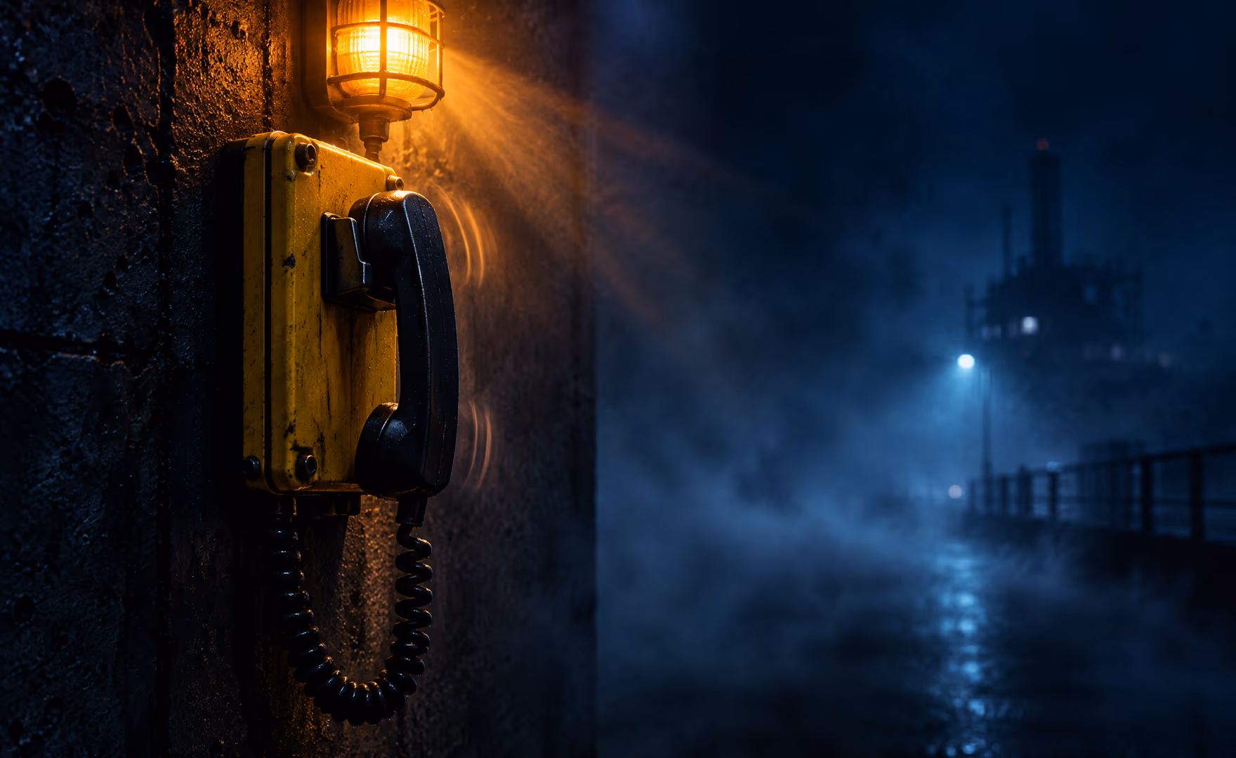 Worker in red helmet with headlamp and gas mask operating machinery in dark yellow-lit environment.