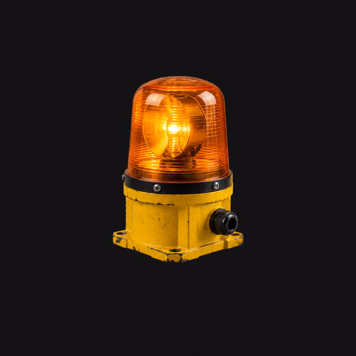A lit amber warning beacon, on black.