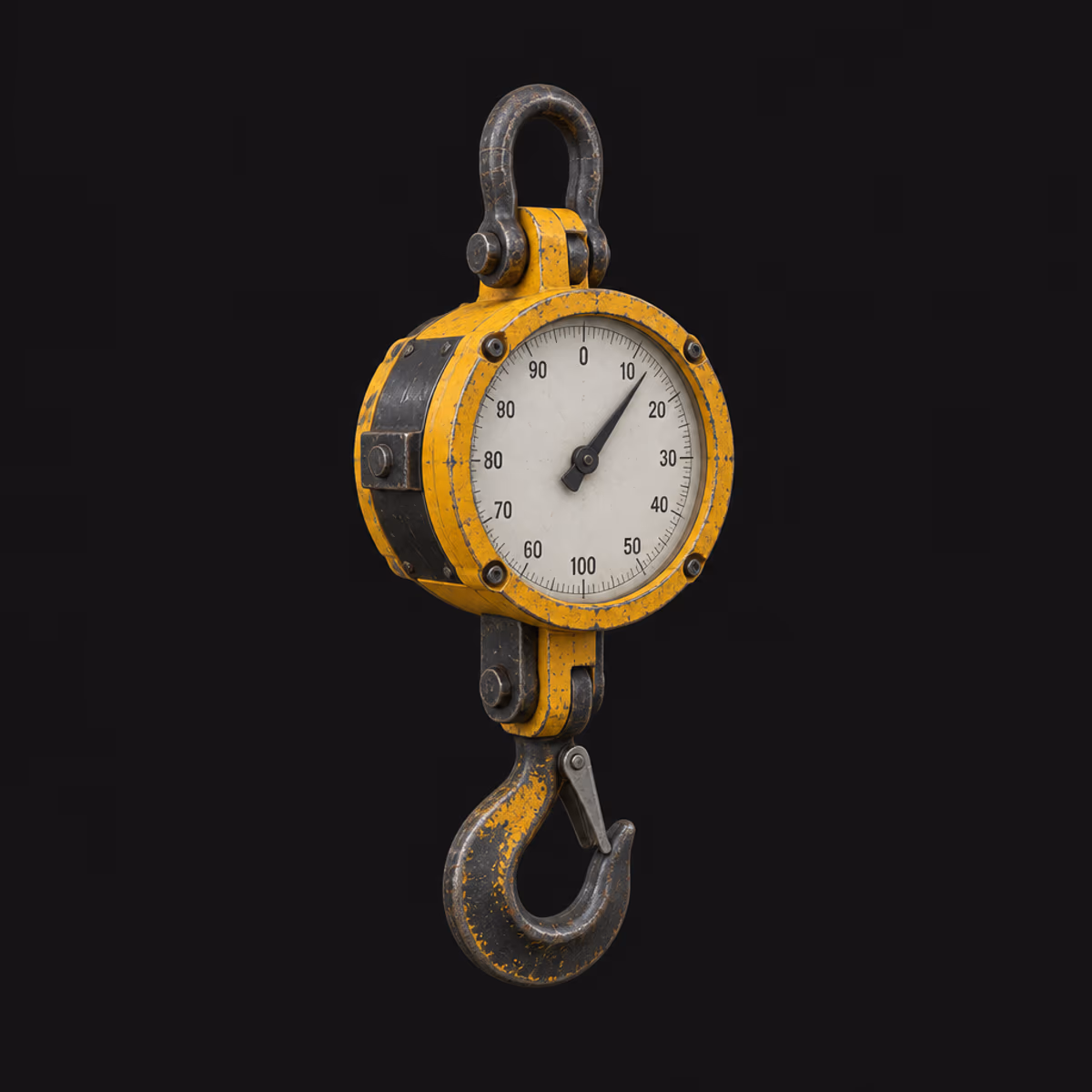 A hanging scale with a dial, on black.