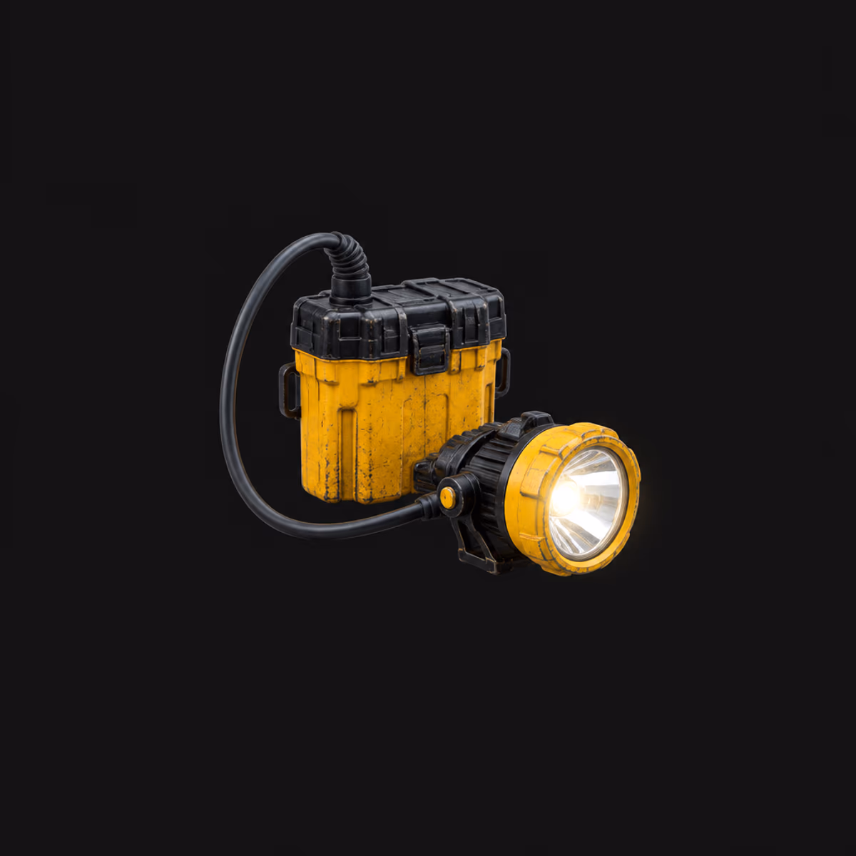 A cap lamp with its battery pack, switched on, on black.