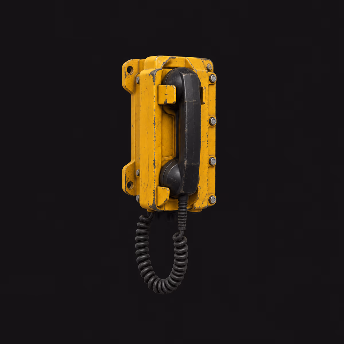 A wall telephone with a coiled cord, on black.