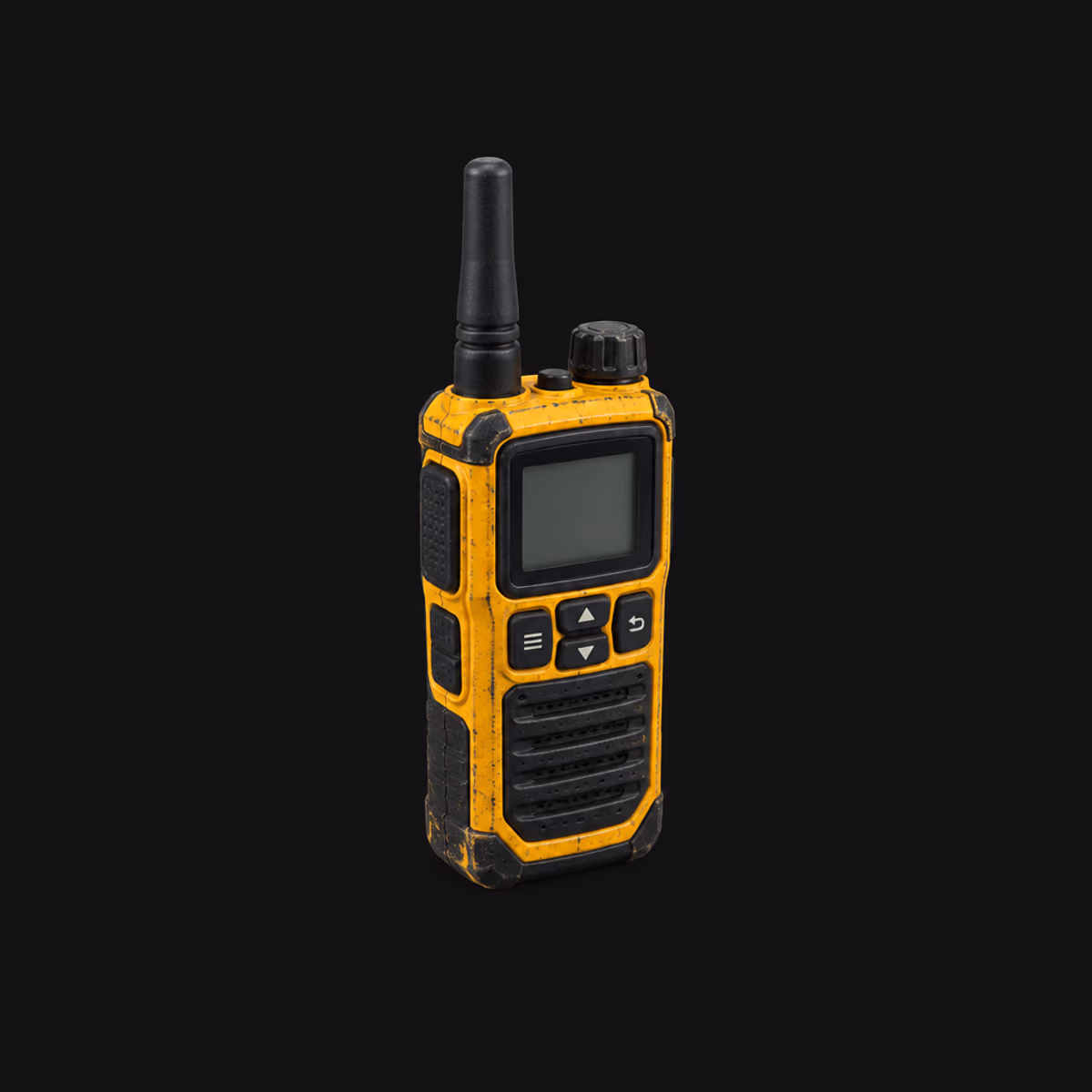 A handheld two-way radio, on black.